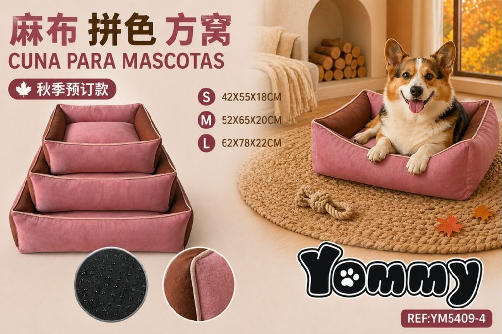 Cuna de perro de lino bicolor - Rosa y marrón