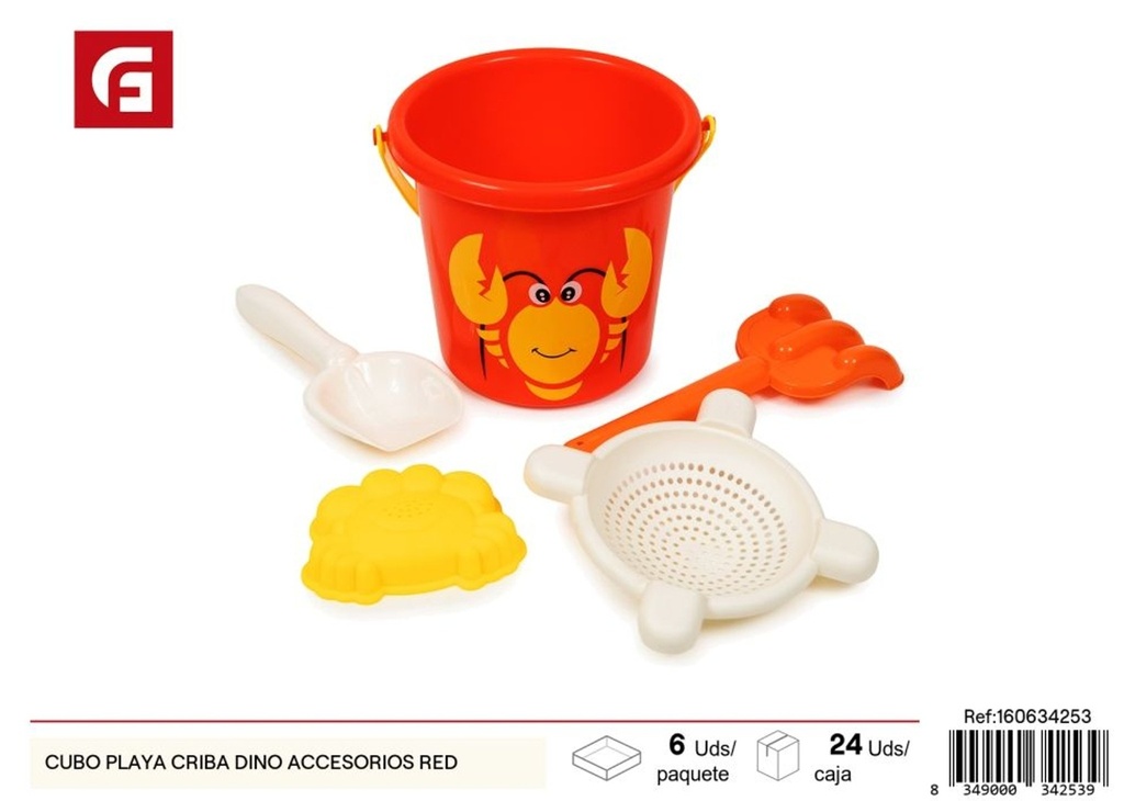 Cubo playa criba Dino accesorios rojos - Juguete de playa y cubos para arena