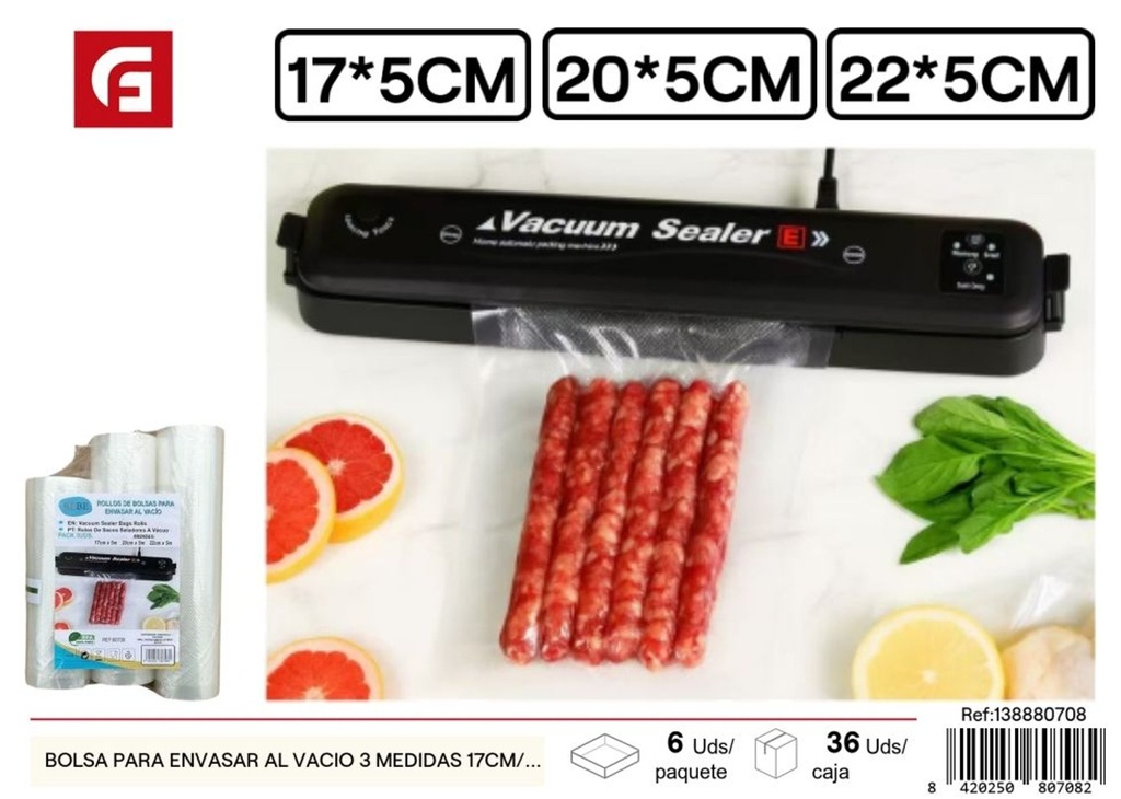 Bolsa de vacío 3 tamaños 17cm/20cm/22cm x 5m - Organización y almacenamiento para el hogar