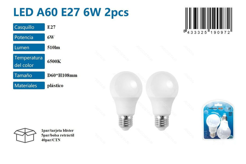 Bombilla LED A60 E27 6W 2 pcs 6500K - Iluminación LED