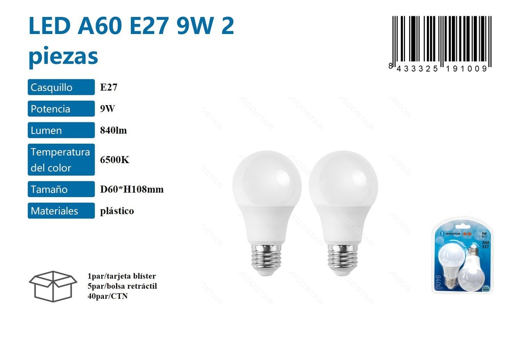Bombilla LED A60 E27 9W 2 piezas 6500K - Iluminación LED