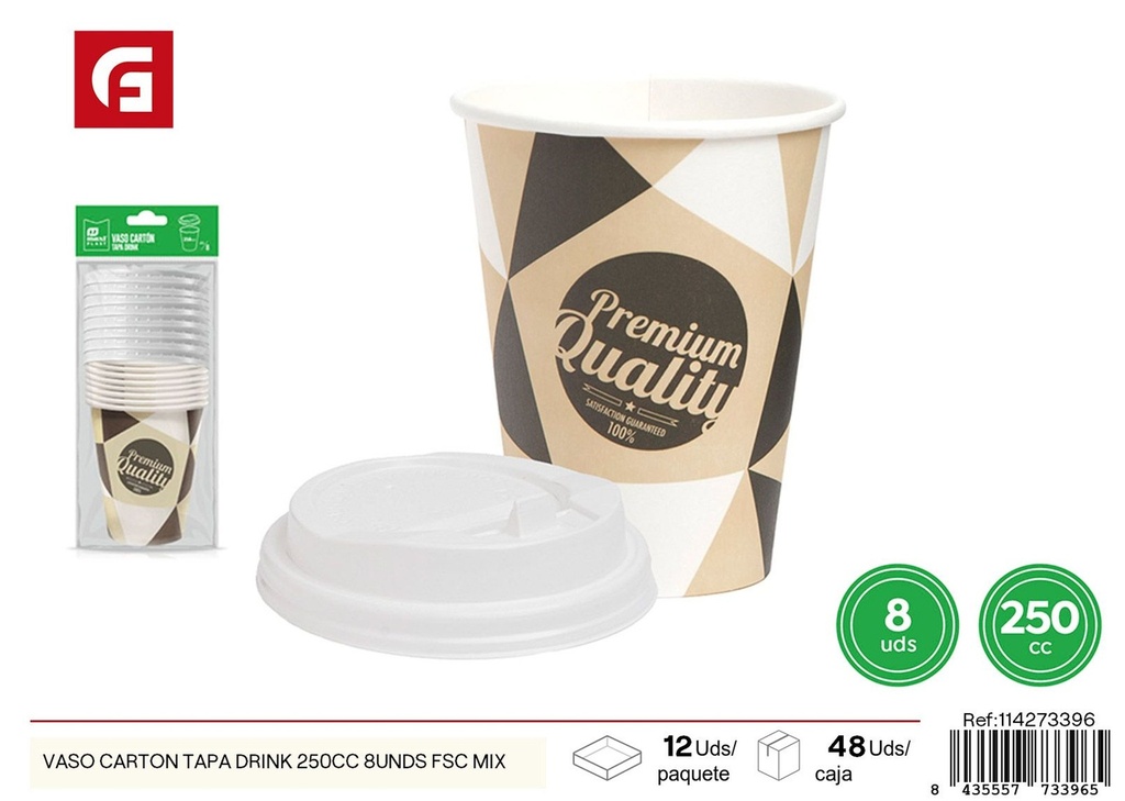 Vaso de cartón con tapa 250 cc 8 unidades - Utensilios desechables