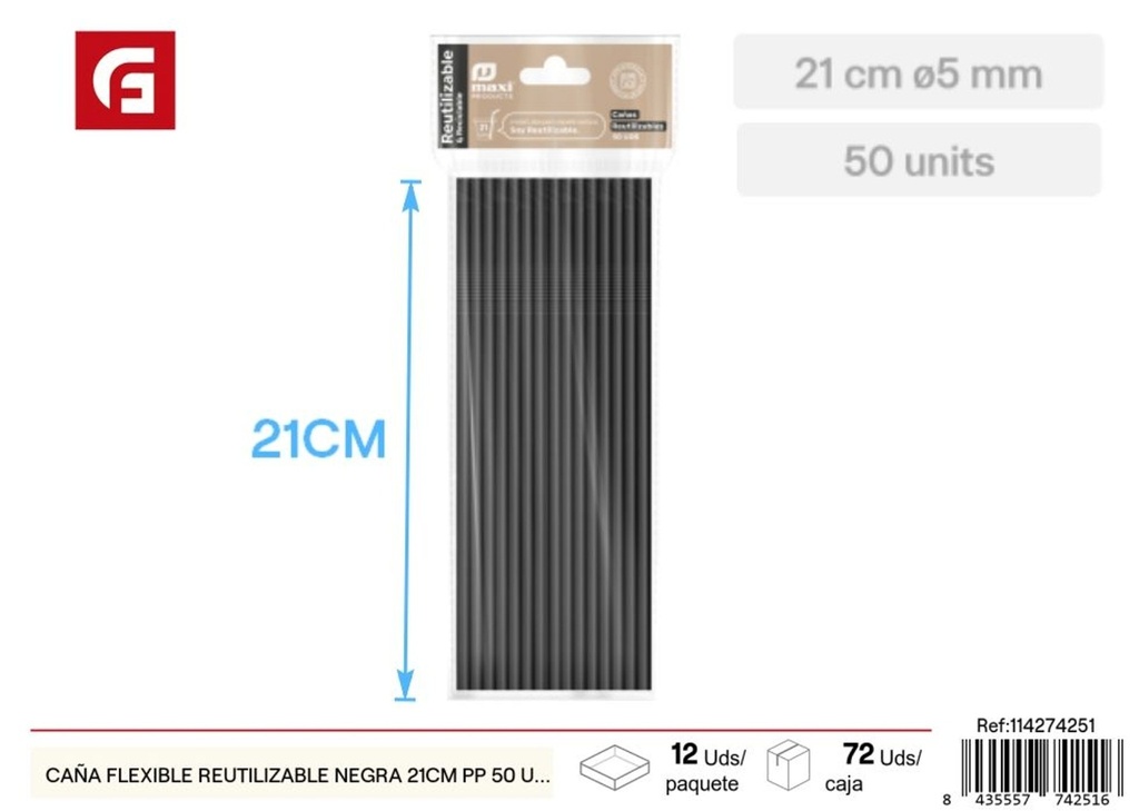 Pajitas flexibles reutilizables negras 21 cm 50 unidades - Utensilios desechables