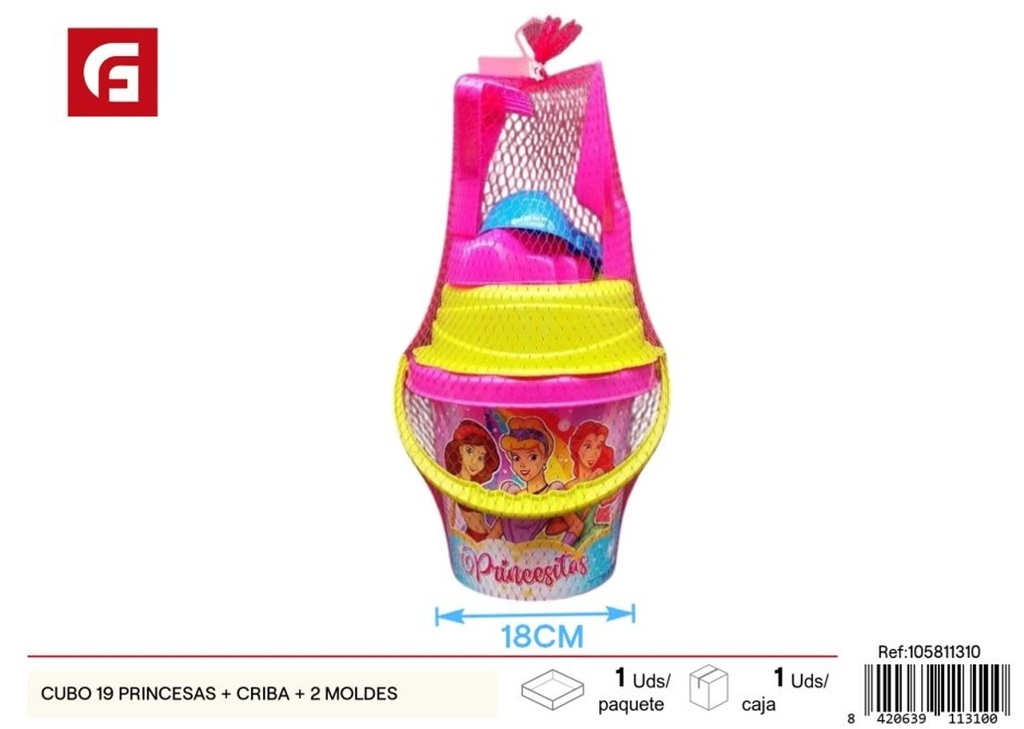 Cubo 19 Princesas + criba + 2 moldes - Juguetes de playa y verano