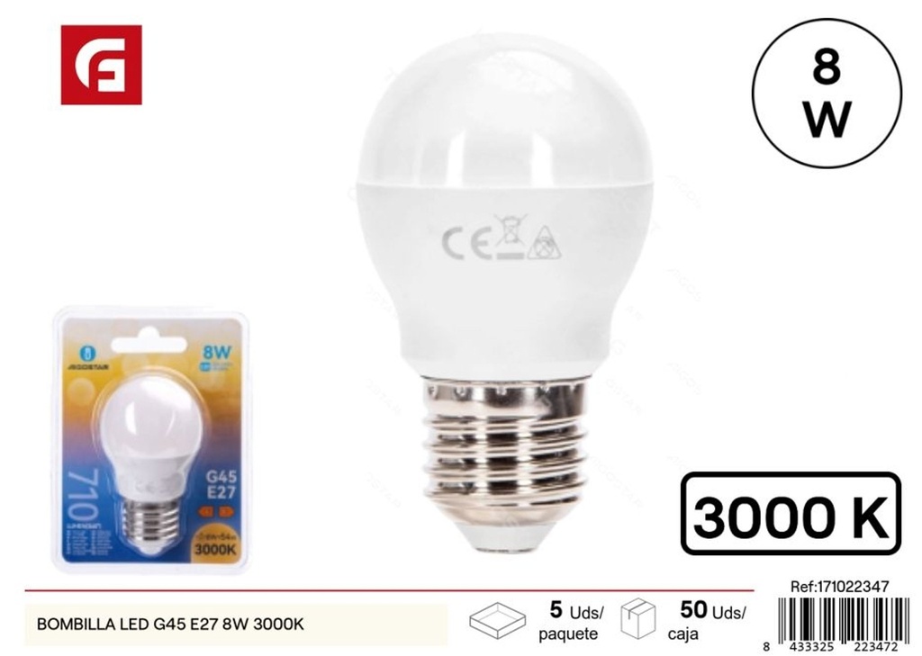 Bombilla LED G45 E27 8W 3000K - Iluminación y bombillas