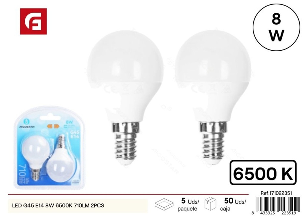 Bombilla LED G45 E14 8W 6500K 710LM (2pcs) - Iluminación y bombillas