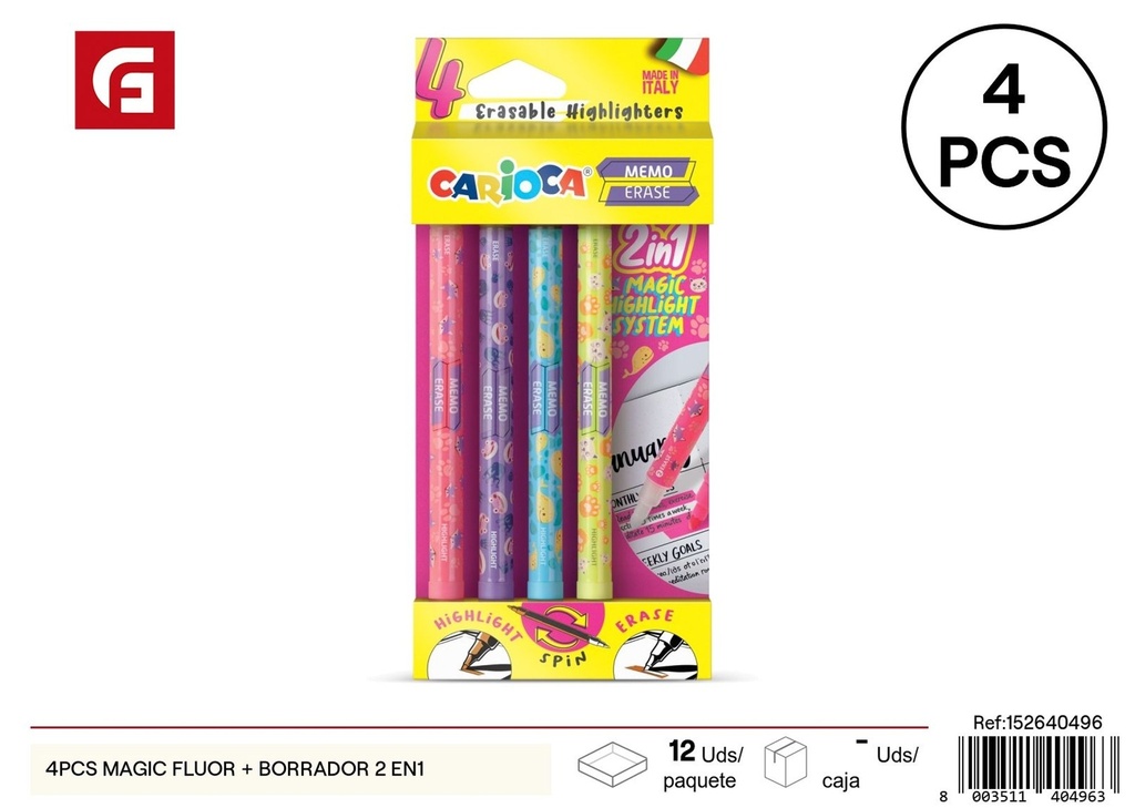 Marcadores mágicos fluorescentes + borrador 2 en 1 4 piezas - Material escolar