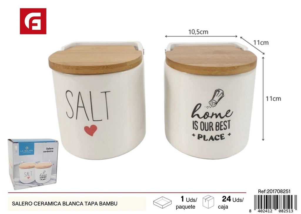 Salero de cerámica blanca con tapa de bambú - Accesorios de cocina y saleros