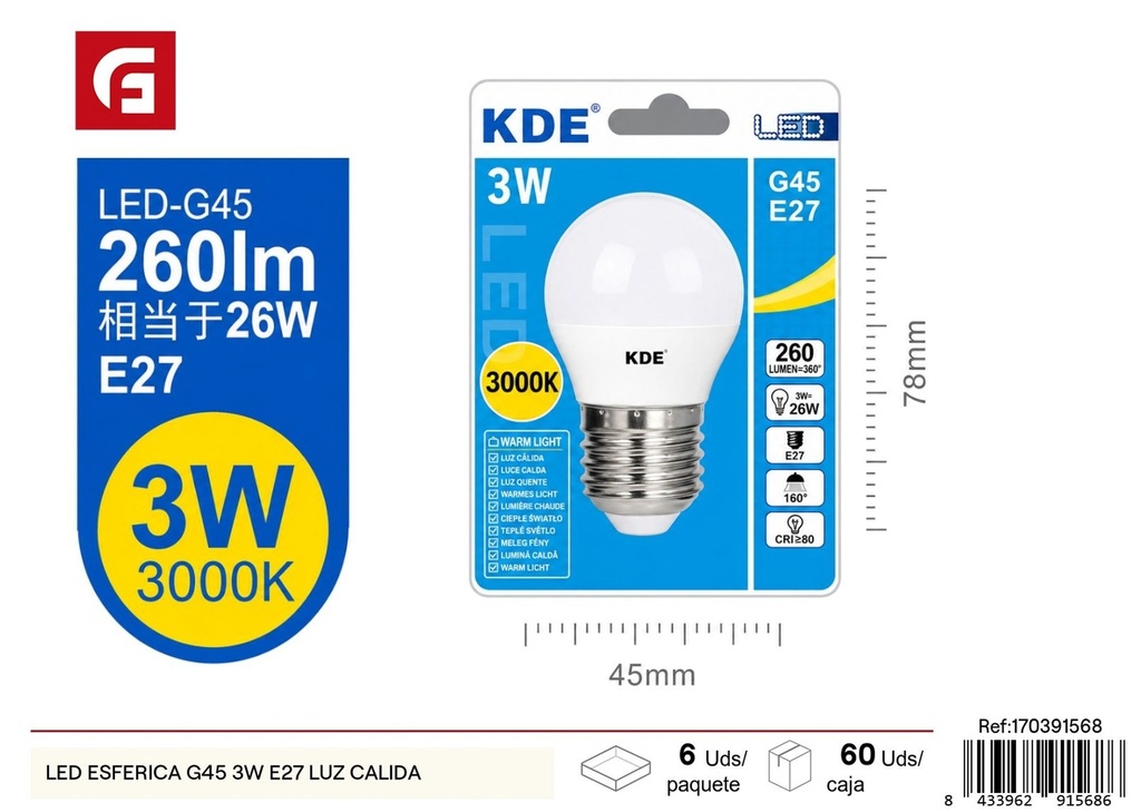 Bombilla LED esférica G45 3W E27 luz cálida - Iluminación y bombillas LED