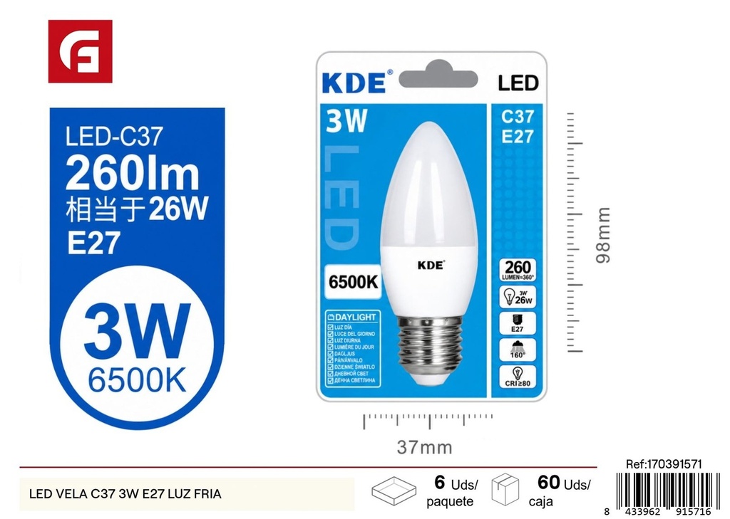 Bombilla LED vela C37 3W E27 luz fría - Iluminación y bombillas LED