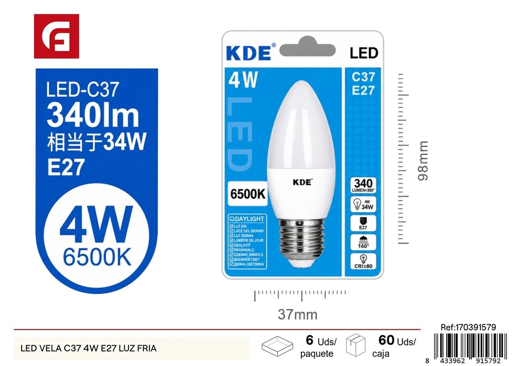 Bombilla LED vela C37 4W E27 luz fría - Iluminación y bombillas LED