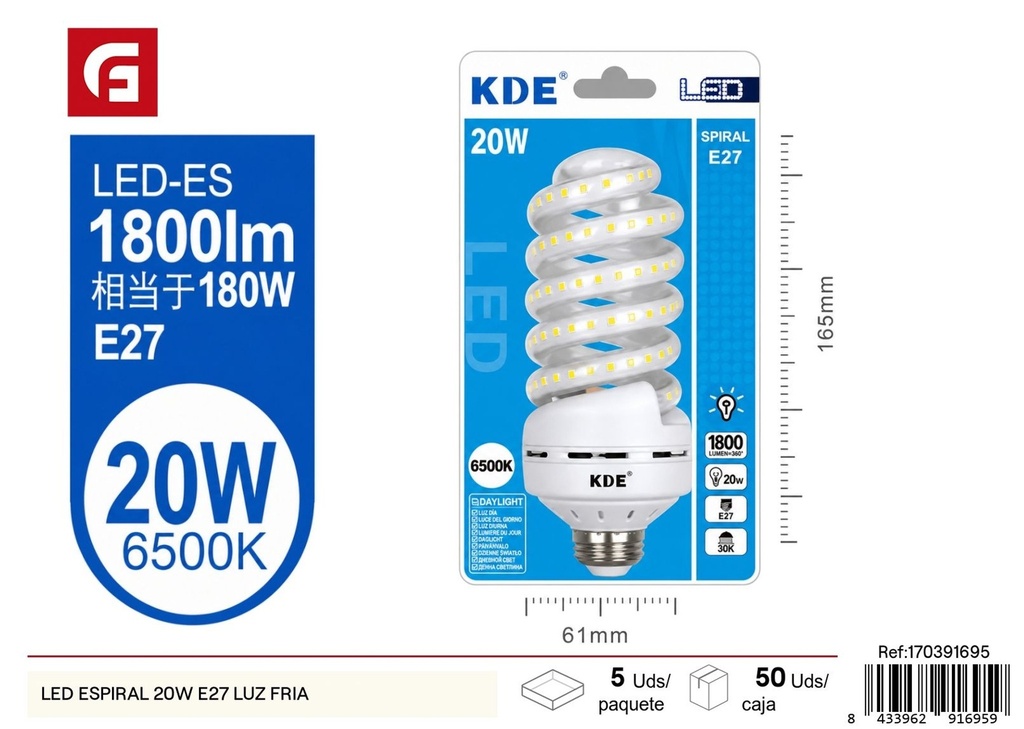 Bombilla LED espiral 20W E27 luz fría - Iluminación y bombillas LED
