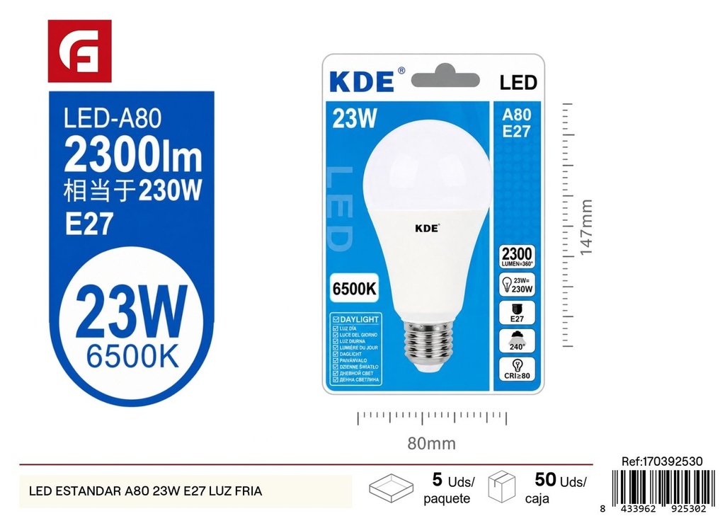 Bombilla LED estándar A80 23W E27 luz fría - Iluminación y bombillas LED