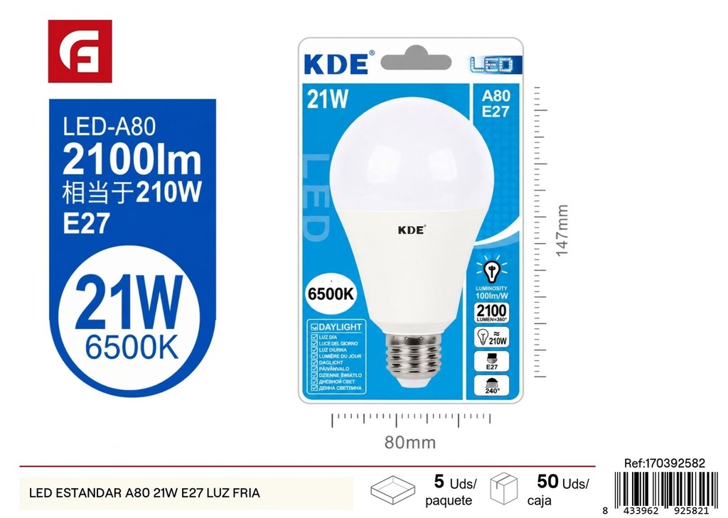 Bombilla LED estándar A80 21W E27 luz fría - Iluminación y bombillas LED
