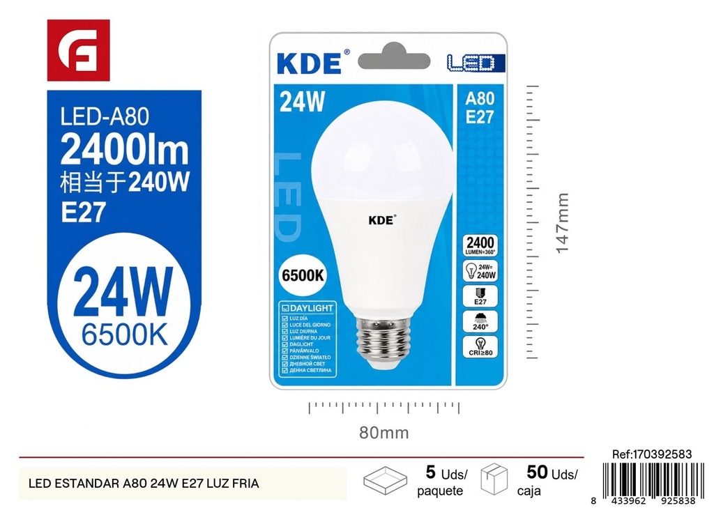 Bombilla LED estándar A80 24W E27 luz fría - Iluminación y bombillas LED