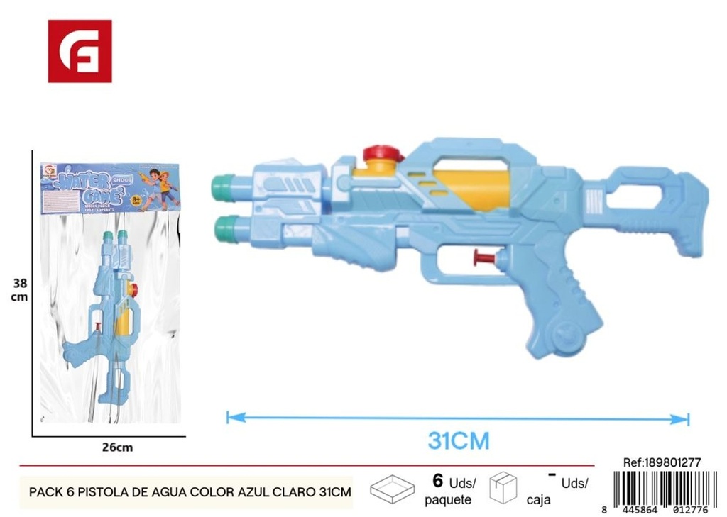 Pistola de agua color azul claro 31 cm - Juguetes para verano, paquete de 6