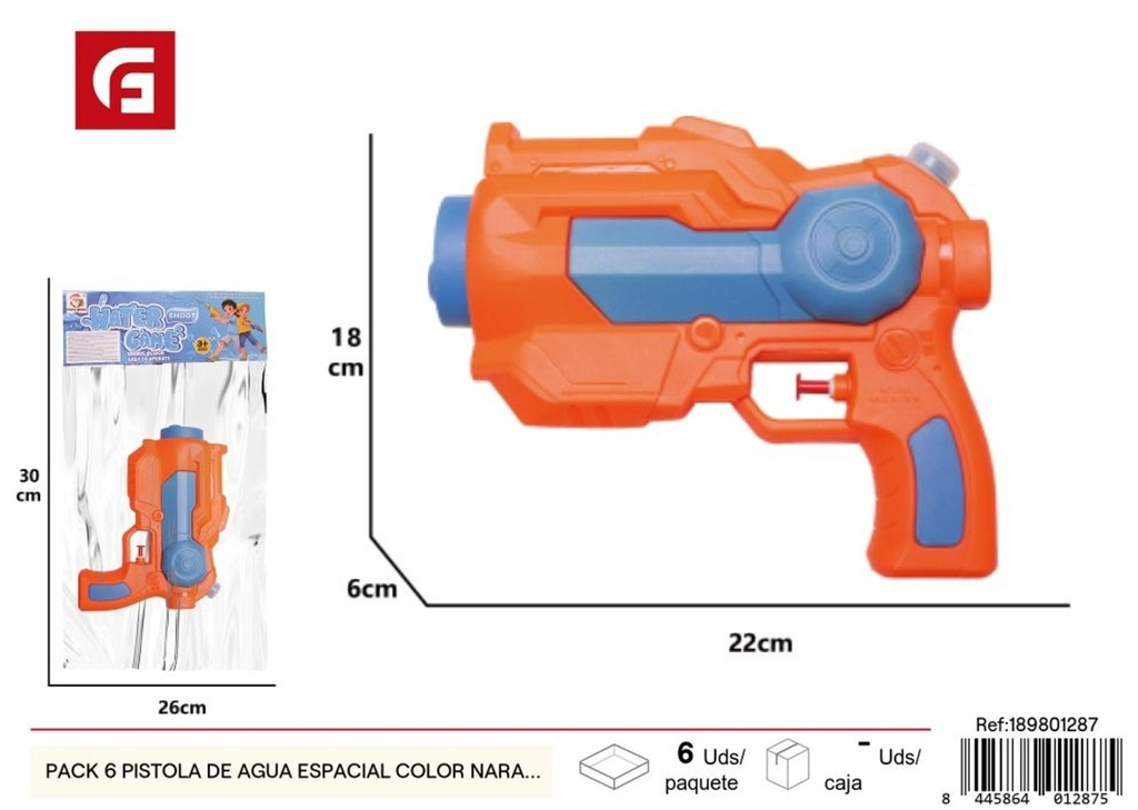Pistola de agua espacial color naranja 22 cm - Juguetes para verano, paquete de 6