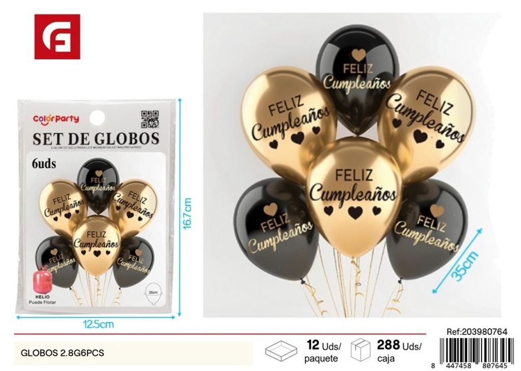 Globos impresión en negro y dorado "Feliz Cumpleaños" 2.8g - Decoración de fiestas, paquete de 6
