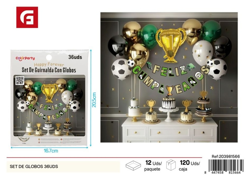 Set de globos "Feliz Cumpleaños" con fútbol dorado - Accesorios para fiestas, 36 unidades