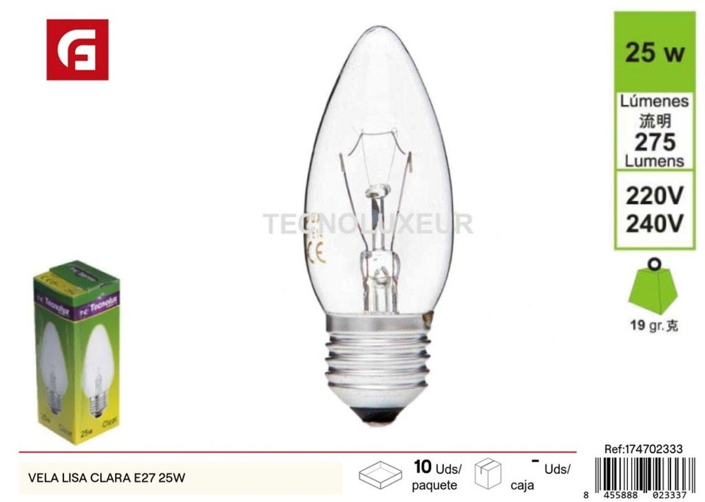 Vela clara E27 25W - Iluminación y bombillas tradicionales