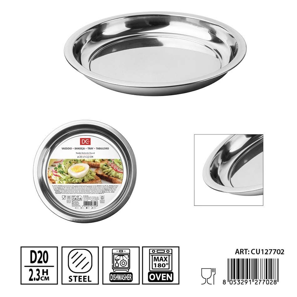 Bandeja redonda de acero inoxidable 20 cm altura 2.3 cm DC Casa - Utensilios de cocina y bandejas