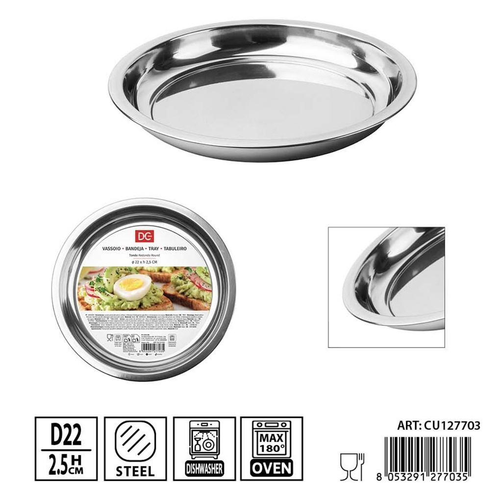 Bandeja redonda de acero inoxidable 22 cm altura 2.5 cm DC Casa - Utensilios de cocina y bandejas