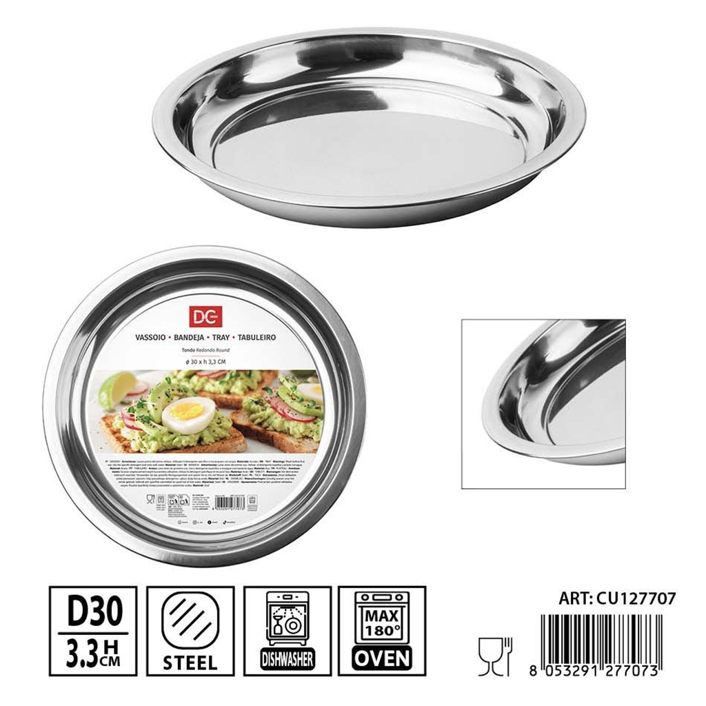 Bandeja redonda de acero inoxidable 30 cm altura 3.3 cm DC Casa - Utensilios de cocina y bandejas