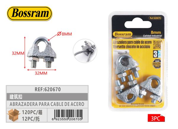 Abrazadera para cable de acero 8mm 3pcs con tornillos