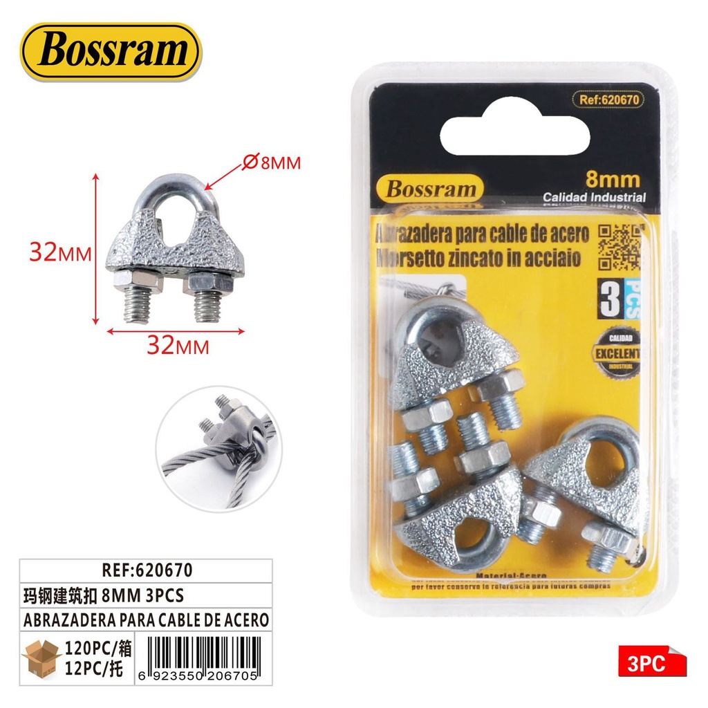 Abrazadera para cable de acero 8mm 3pcs con tornillos