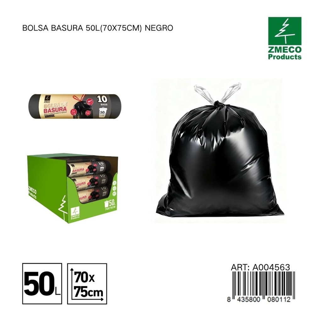 Bolsa de basura 50L (70x75cm) negro - Productos desechables para el hogar
