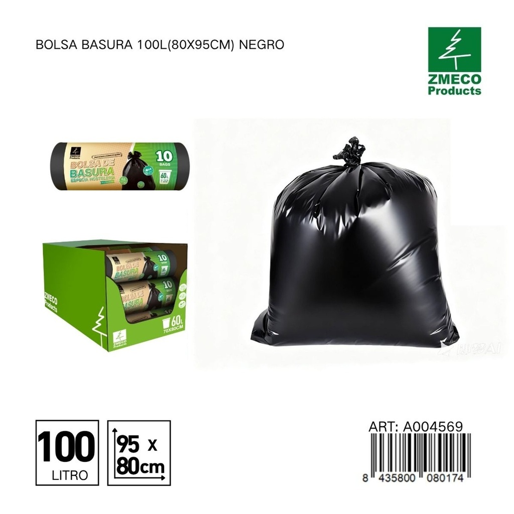 Bolsa de basura 100L (80x95cm) negro - Productos desechables para el hogar