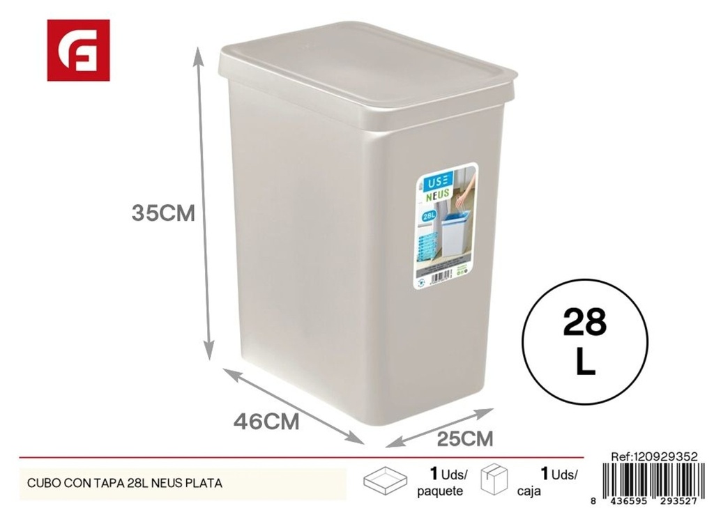 Cubo de basura con tapa 28L plata - Accesorios de organización del hogar