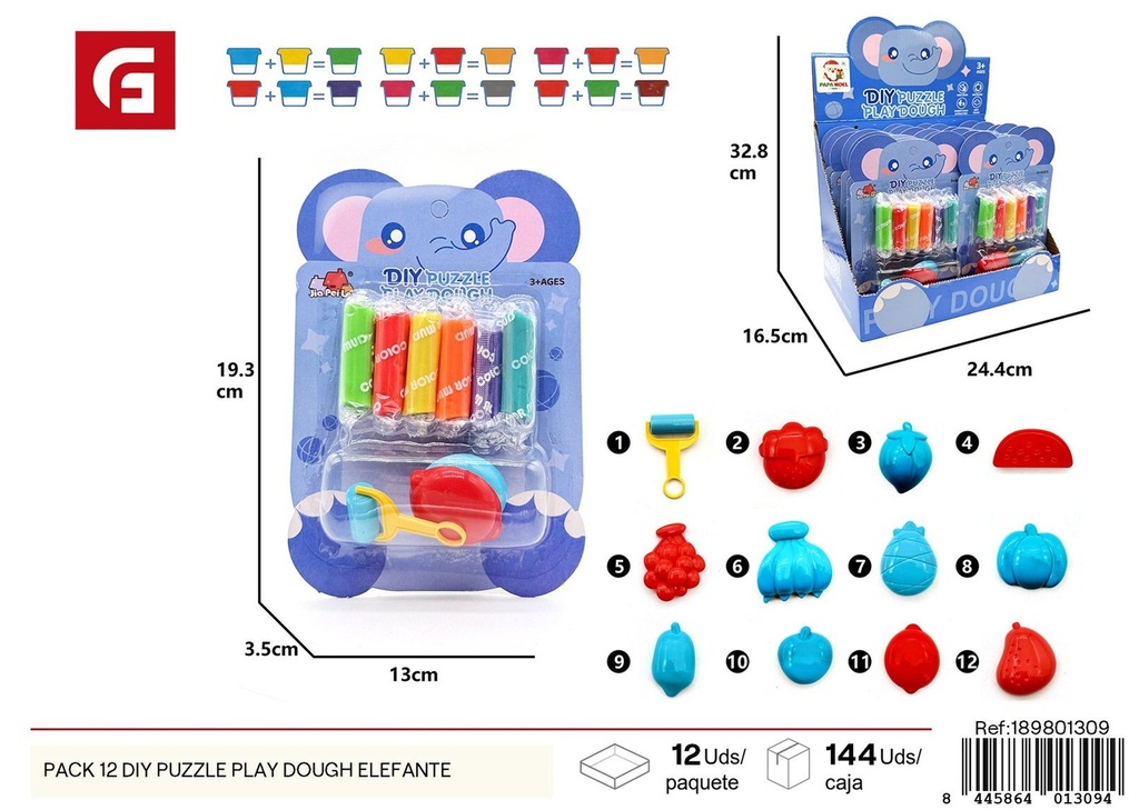 Pack 12 DIY Puzzle Play Dough Elefante - Juguetes educativos y entretenimiento infantil
