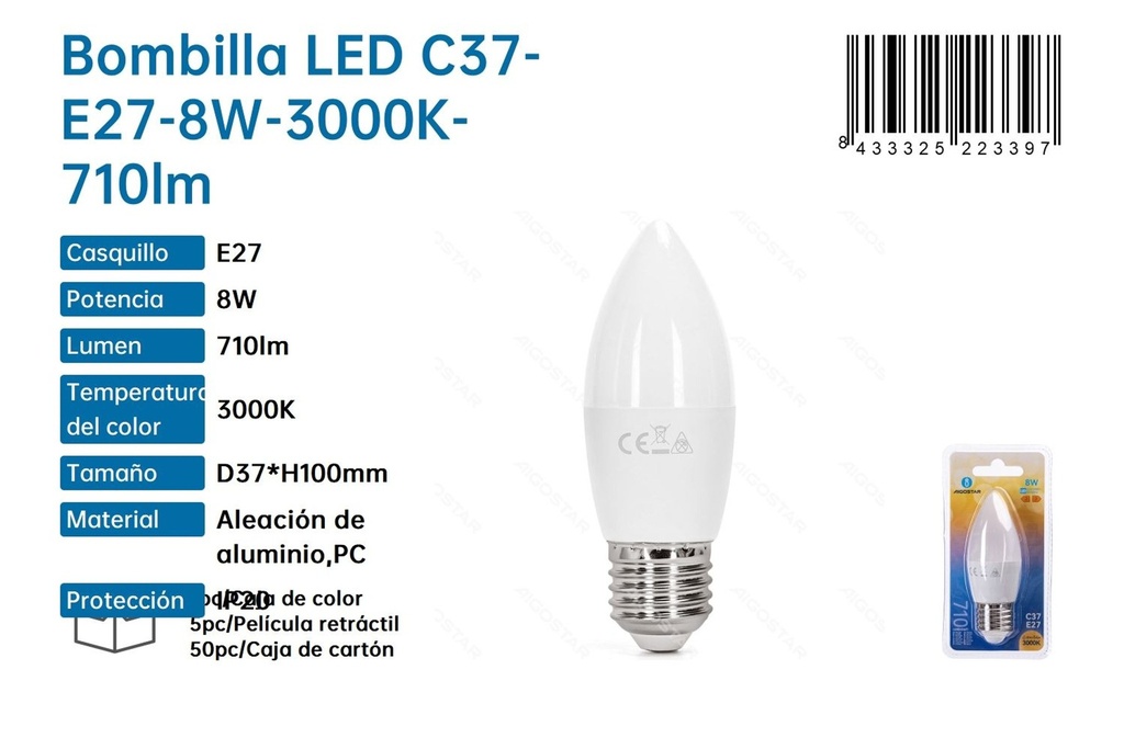 Bombilla LED C37 E27 8W 3000K 710 lúmenes - Iluminación y bombillas LED