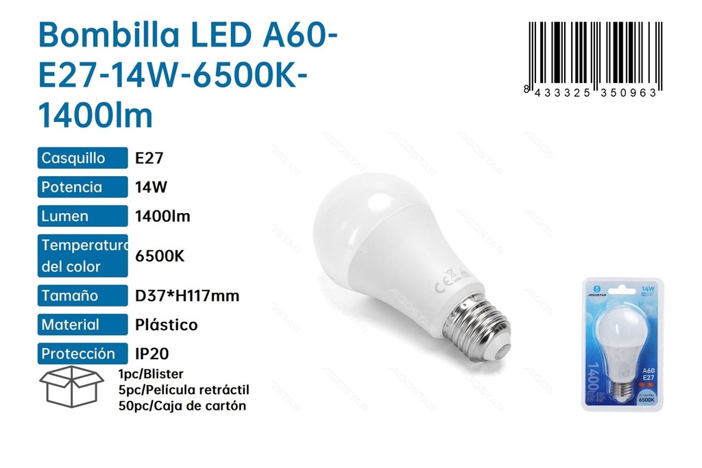 Bombilla LED A60 E27 8W 6500K 1400 lúmenes - Iluminación y bombillas LED