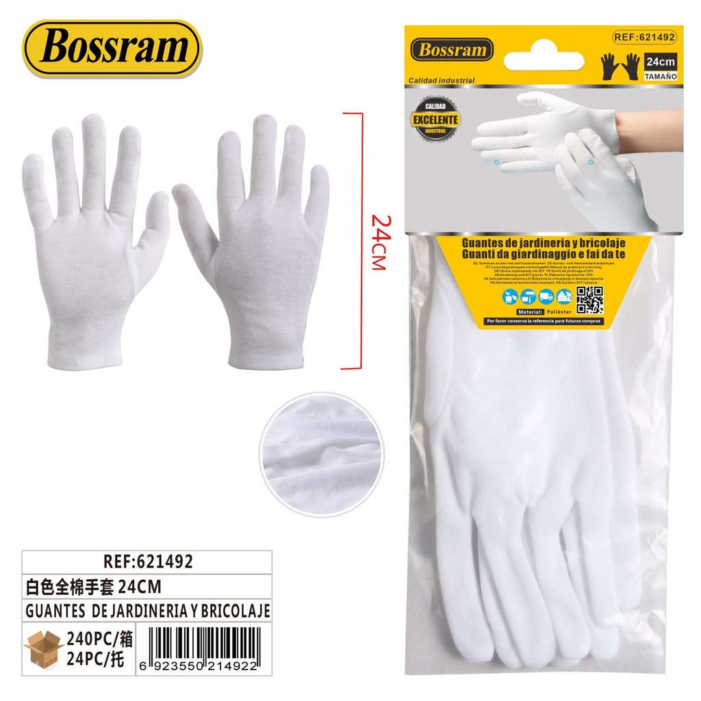 Guantes de jardinería y bricolaje blancos de algodón 24cm