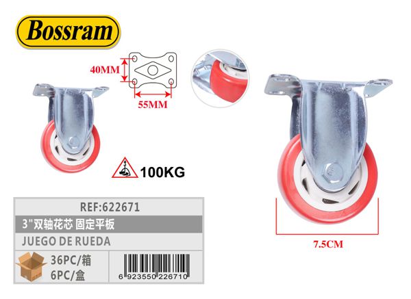 Juero de rueda fija 3" con doble eje para muebles