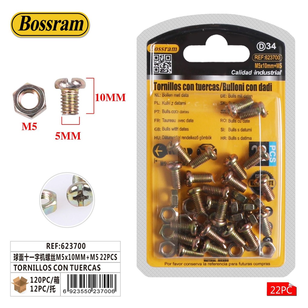 Tornillos con tuercas M5x10mm 22pcs para fijación