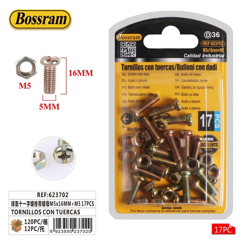 Tornillos con tuercas M5x16mm 17pcs para carpintería y bricolaje