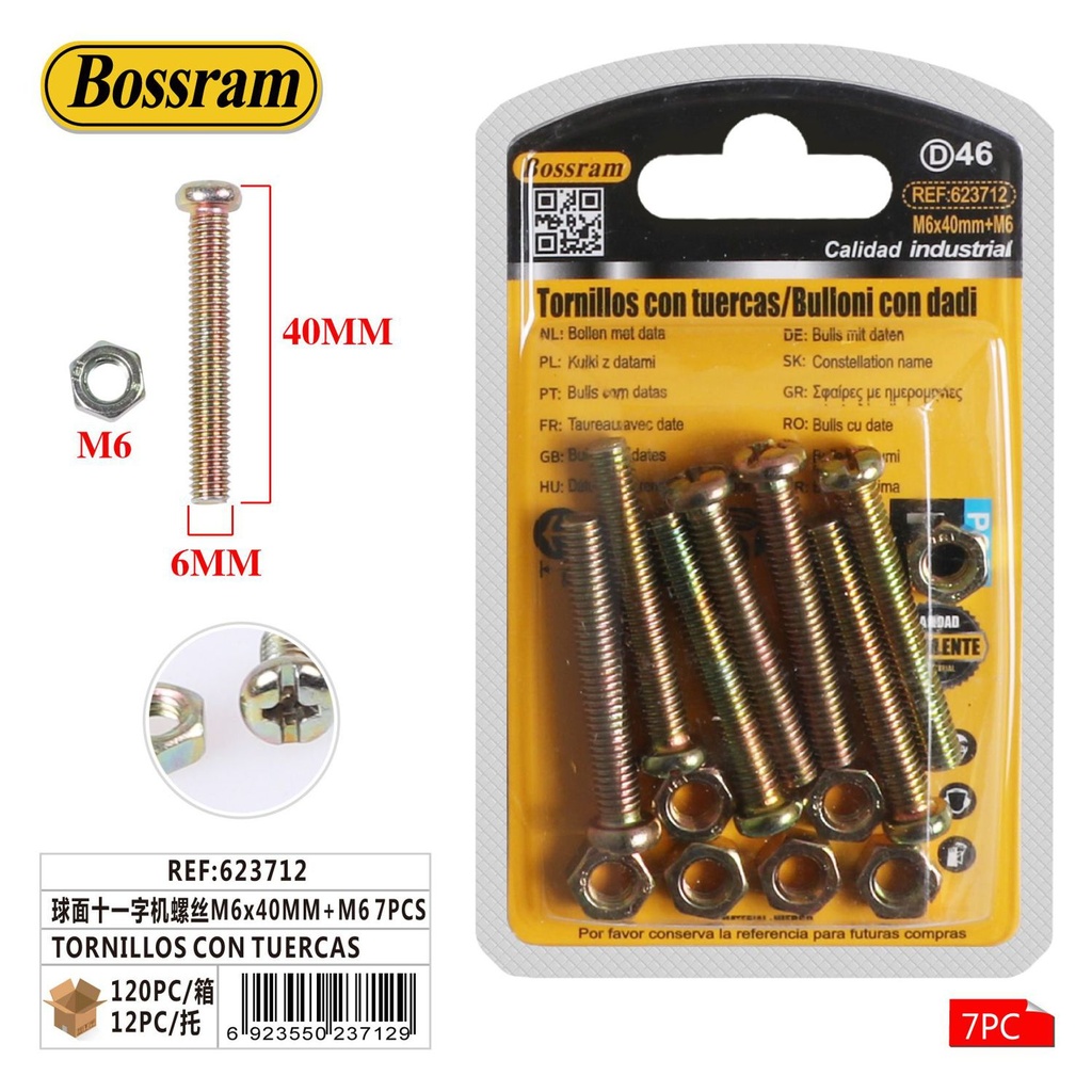 Tornillos con tuercas M6x40mm 7pcs para fijación y ensamblaje