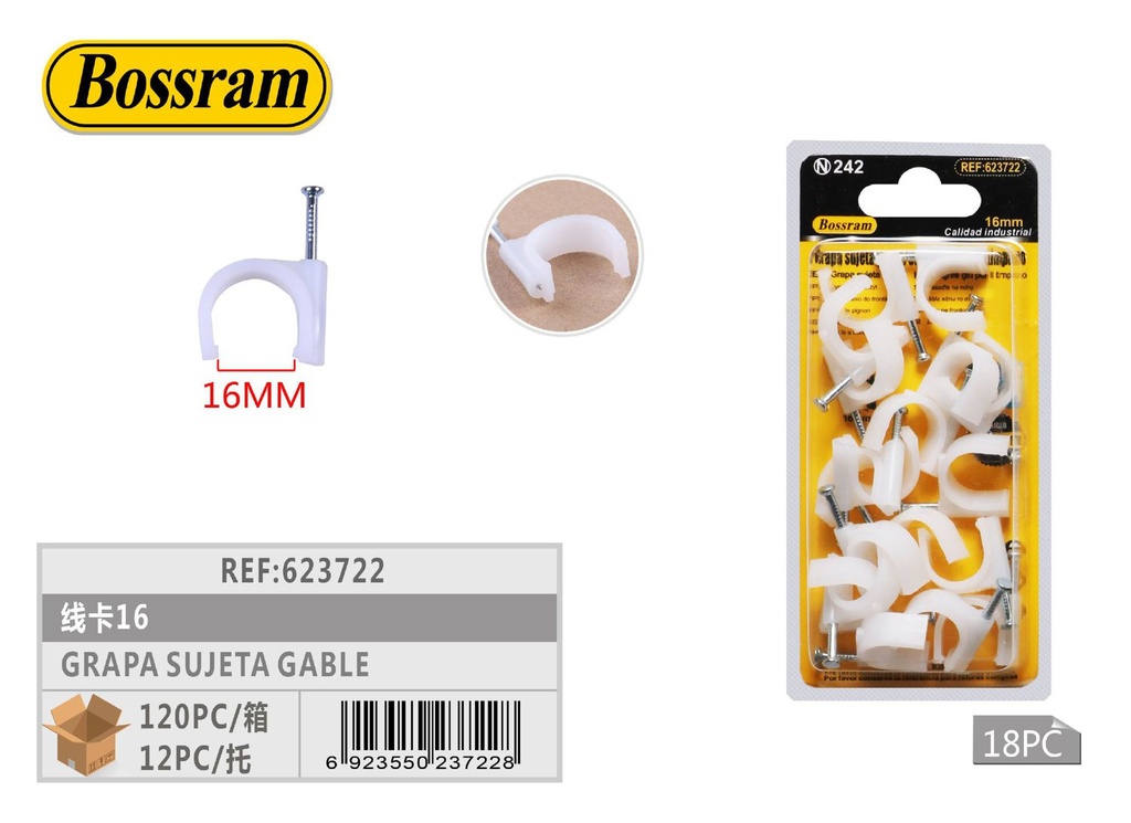 Grapa sujeta cables 16mm 18pcs para ferretería