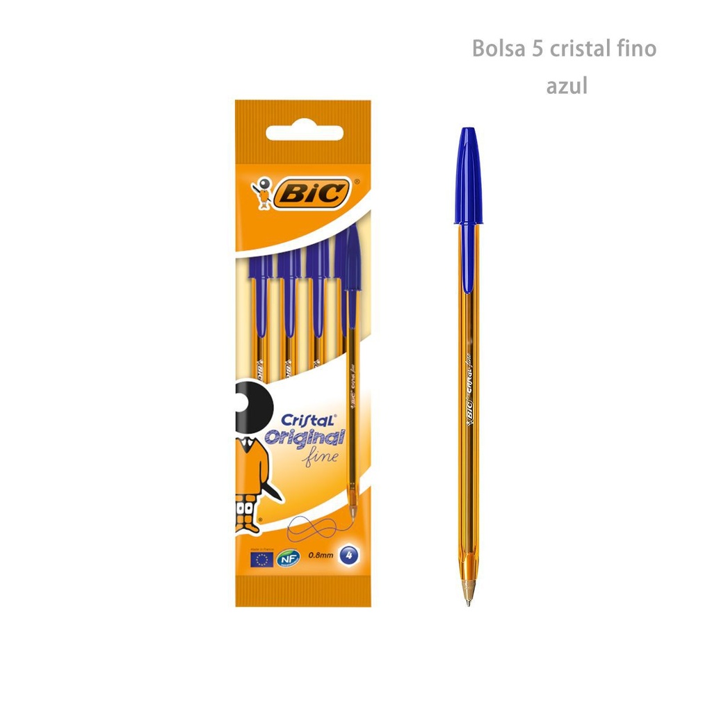 Bolígrafos BIC cristal fino azul 0.8mm bolsa 4 uds, material de escritura