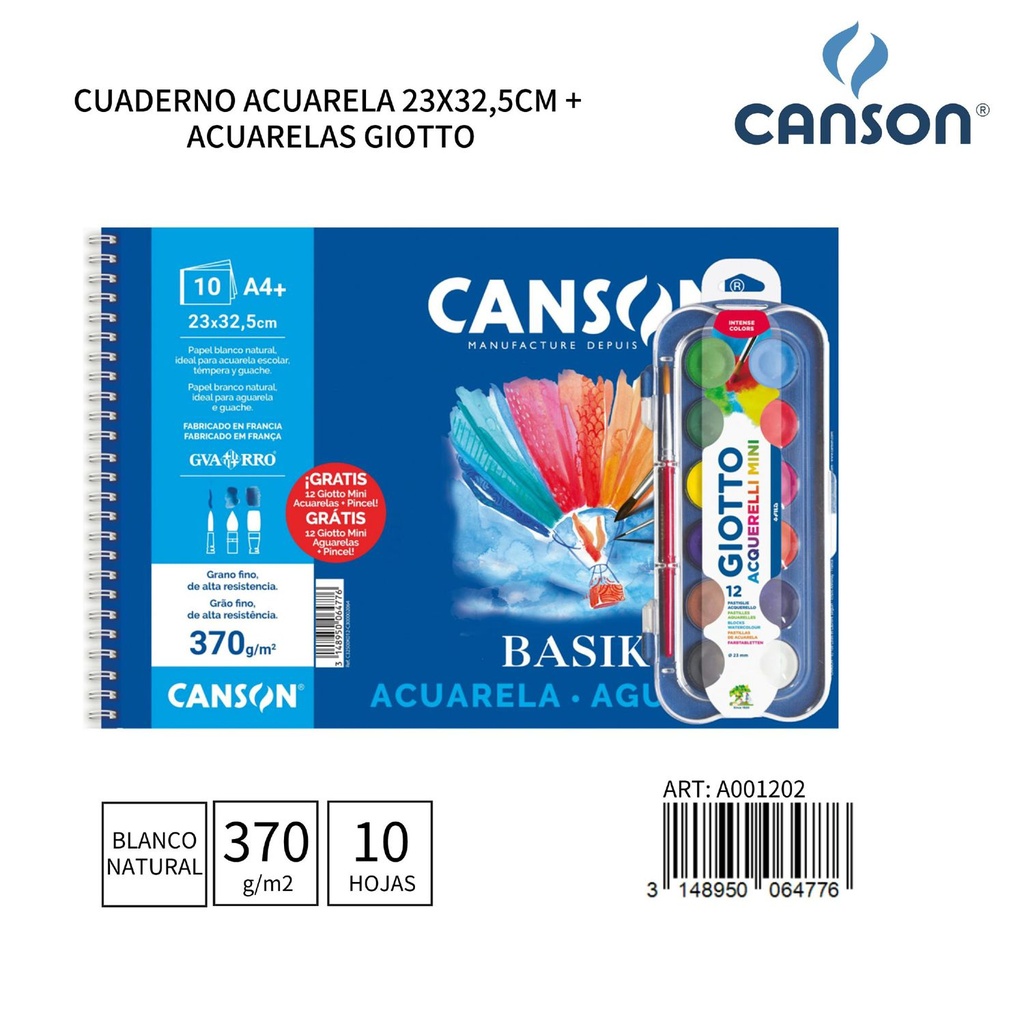 Cuaderno acuarela A4 23x32.5cm 370g 10 hojas + acuarelas