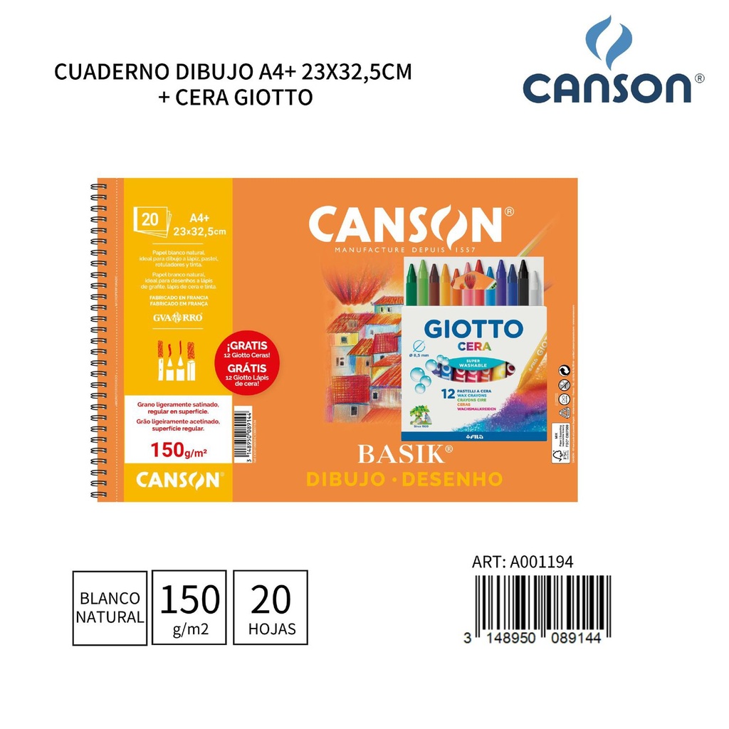 Cuaderno de dibujo A4 23x32.5cm 150g 20 hojas + ceras para colorear