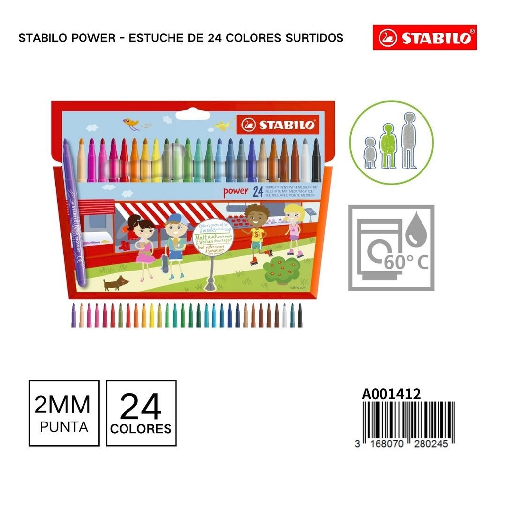 Rotuladores lavables para niños 2mm 24 colores Stabilo Power-estuche para útiles de escritura