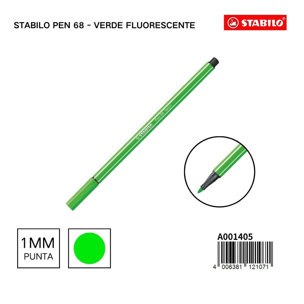 Rotulador STABILO 68 1mm verde fluorescente - Materiales escolares