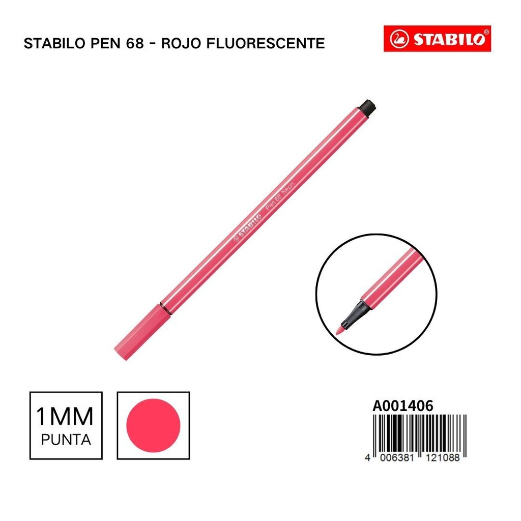 Rotulador acuarelable Stabilo Pen 68 1mm rojo fluorescente para dibujos y escritura