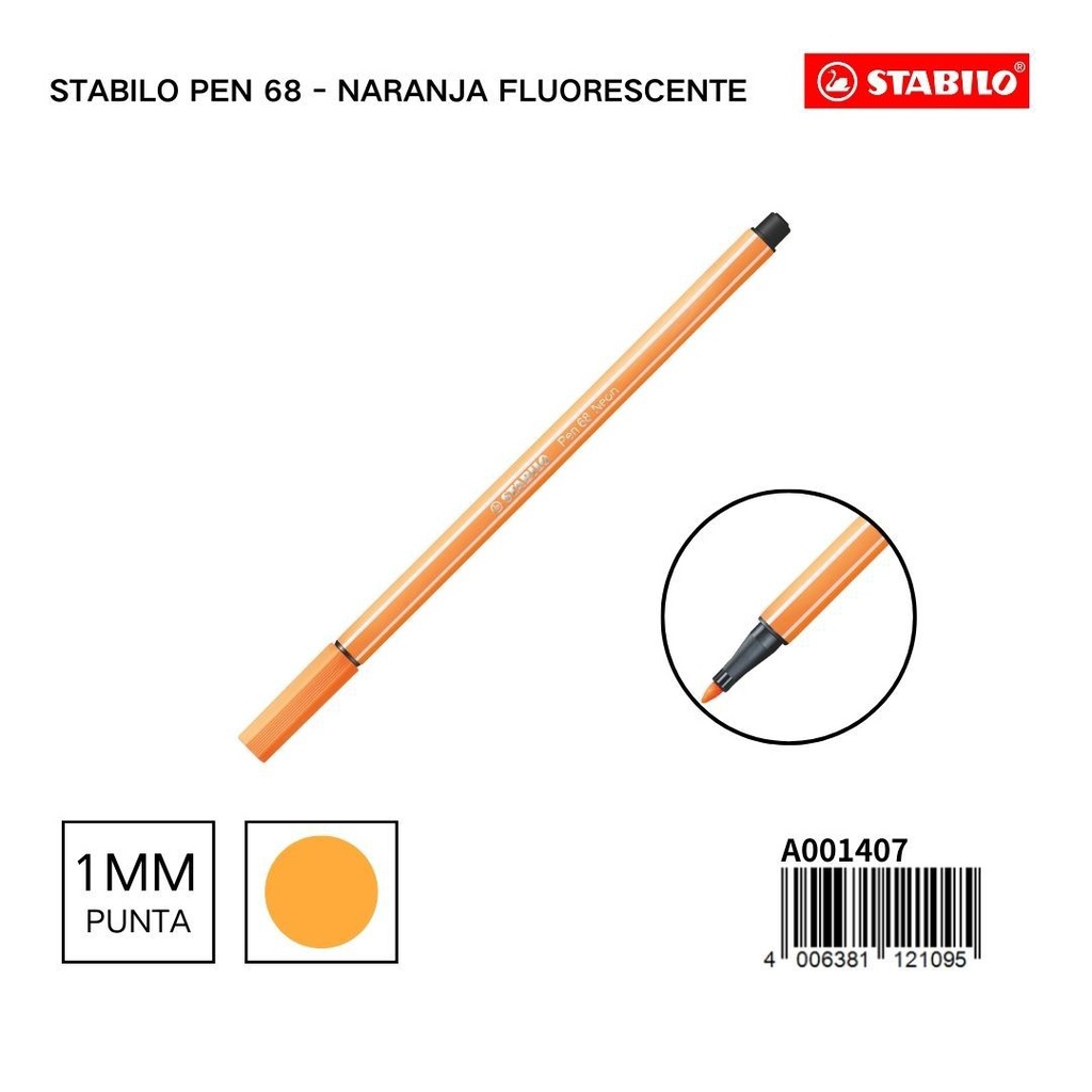 Rotulador Stabilo Pen 68 naranja fluorescente 1mm para escritura y dibujo