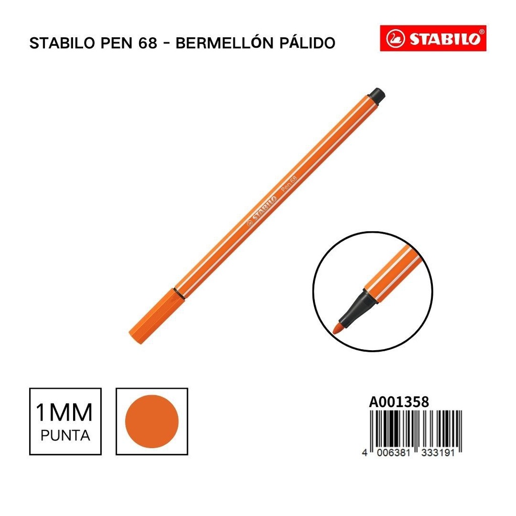 Rotulador Stabilo 68 acuarelable 1mm bermellón pálido para dibujo