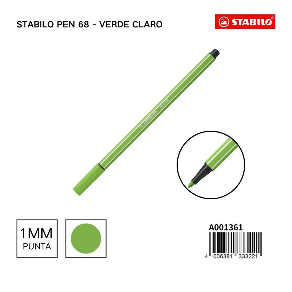 Rotulador Stabilo Pen 68 verde claro 1mm para dibujo y escritura